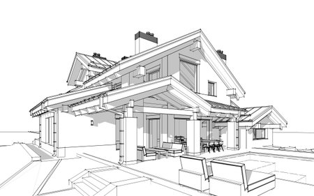 3D render sketch of modern cozy house in chalet style for sale or rent. Aqua crayon style with hand drawing entourage.の写真素材