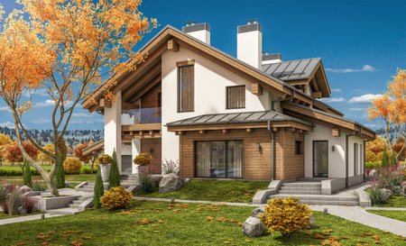 3d rendering of modern cozy house in chalet style with garage for sale or rent with large garden and lawn. Clear sunny autumn day with cloudless sky.の写真素材