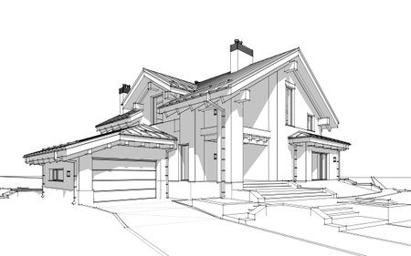 3D render sketch of modern cozy house in chalet style for sale or rent. Aqua crayon style with hand drawing entourage.の写真素材