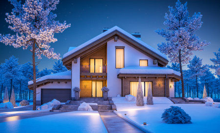 3d rendering of modern cozy house in chalet style with garage. Mountain ski resort with snow. Clear winter night with many stars on the sky. With many snow on the roof and lawn.の写真素材