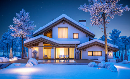 3d rendering of modern cozy house in chalet style with garage. Mountain ski resort with snow. Clear winter night with many stars on the sky. With many snow on the roof and lawn.の写真素材