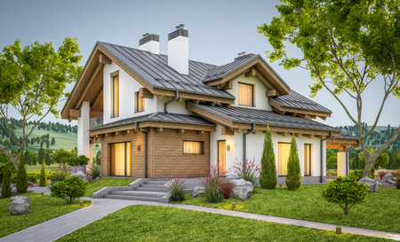 3d rendering of modern cozy house in chalet style with garage for sale or rent with large garden and lawn. Clear summer evenig with soft sky. Cozy warm light from windowの写真素材