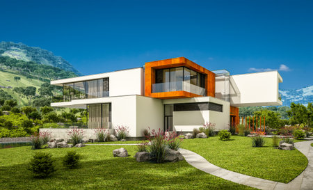 3d rendering of modern cozy house by the river with garage for sale or rent with beautiful mountains on background. Clear sunny summer day with blue sky.の写真素材