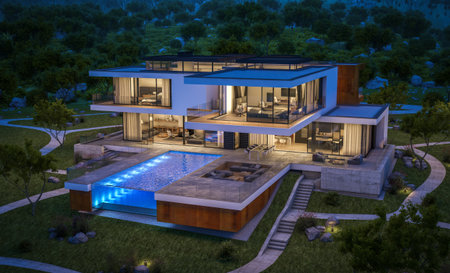3d rendering of modern cozy house by the river with garage for sale or rent with beautiful mountains on background. Clear summer night with stars on the sky. Cozy warm light from window.の写真素材