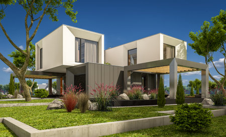 3d rendering of modern cozy house in the garden with garage for sale or rent with beautiful pool in the yard. Clear sunny summer day with blue sky.の写真素材