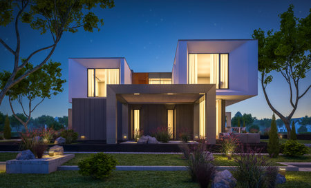 3d rendering of modern cozy house in the garden with garage for sale or rent with beautiful pool in the yard. Clear summer night with stars on the sky. Cozy warm light from window.の写真素材