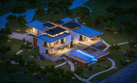 3d rendering of modern cozy house by the river with garage for sale or rent with beautiful mountains on background. Clear summer night with stars on the sky. Cozy warm light from window.の写真素材