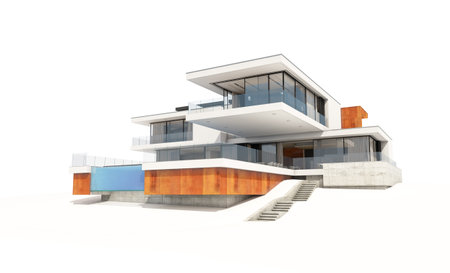 3d rendering of modern cozy house by the river with garage for sale or rent. Isolated on white.の写真素材
