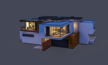 3d rendering of modern cozy house at night with garage for sale or rent. Isolated on gray.