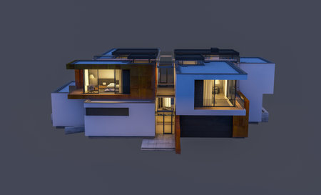 3d rendering of modern cozy house at night with garage for sale or rent. Isolated on gray.の写真素材