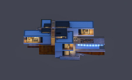 3d rendering of modern cozy house at night with garage for sale or rent. Isolated on gray.