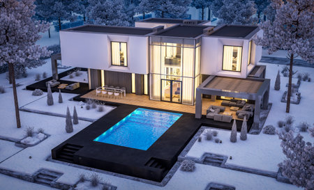 3d rendering of modern cozy house with garage and garden. Cool winter night with cozy warm light...