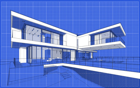 3d rendering sketch of modern cozy house with garage for sale or rent. Graphics black line sketch...