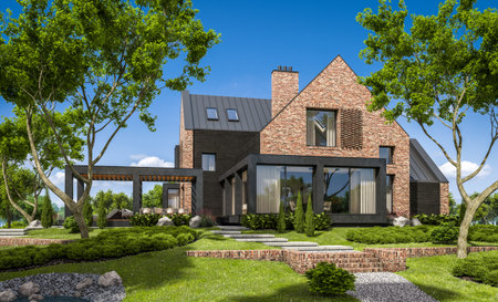 3d rendering of modern cozy clinker house on the ponds with garage and pool for sale or rent with beautiful landscaping on background. Clear sunny summer day with blue sky.の写真素材
