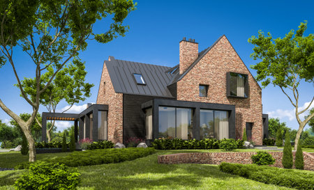 3d rendering of modern cozy clinker house on the ponds with garage and pool for sale or rent with beautiful landscaping on background. Clear sunny summer day with blue sky.の写真素材
