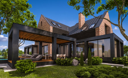 3d rendering of modern cozy clinker house on the ponds with garage and pool for sale or rent with beautiful landscaping on background. Clear sunny summer day with blue sky.の写真素材