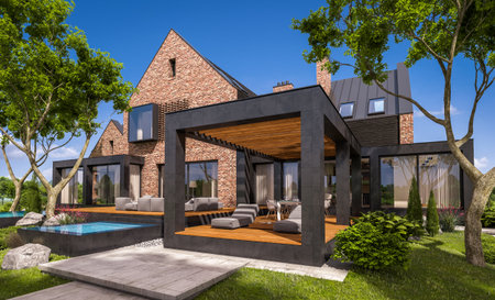 3d rendering of modern cozy clinker house on the ponds with garage and pool for sale or rent with beautiful landscaping on background. Clear sunny summer day with blue sky.の写真素材