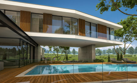 3d rendering of modern cozy house on the hill with garage and pool for sale or rent with beautiful landscaping on background. Clear sunny summer day with blue sky.の写真素材