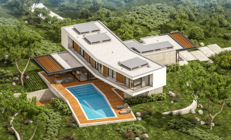3d rendering of modern cozy house on the hill with garage and pool for sale or rent with beautiful landscaping on background. Clear sunny summer day with blue sky.の写真素材