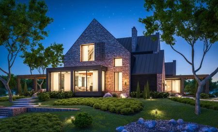 3d rendering of modern cozy clinker house on the ponds with garage and pool for sale or rent with beautiful landscaping on background. Clear summer night with many stars on the sky.の写真素材
