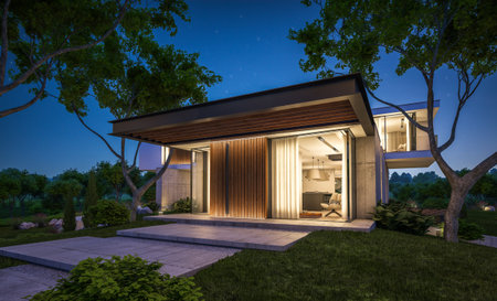 3d rendering of modern cozy house on the hill with garage and pool for sale or rent with beautiful landscaping on background. Clear summer night with many stars on the sky.の写真素材