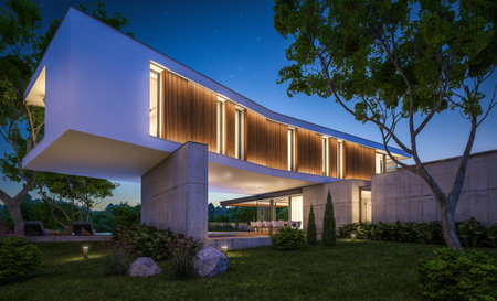 3d rendering of modern cozy house on the hill with garage and pool for sale or rent with beautiful landscaping on background. Clear summer night with many stars on the sky.の写真素材