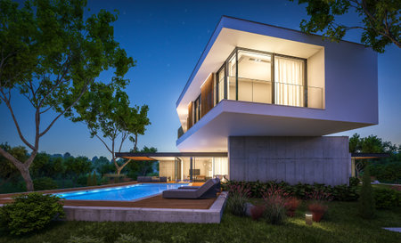 3d rendering of modern cozy house on the hill with garage and pool for sale or rent with beautiful landscaping on background. Clear summer night with many stars on the sky.の写真素材