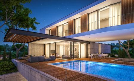 3d rendering of modern cozy house on the hill with garage and pool for sale or rent with beautiful landscaping on background. Clear summer night with many stars on the sky.の写真素材