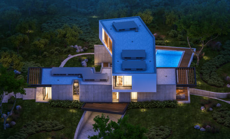 3d rendering of modern cozy house on the hill with garage and pool for sale or rent with beautiful...