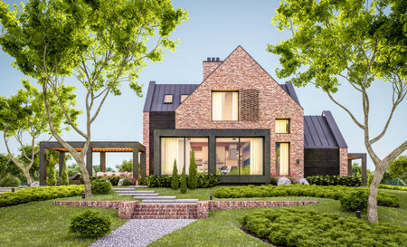 3d rendering of modern cozy clinker house on the ponds with garage and pool for sale or rent with beautiful landscaping on background. Clear summer evening with cozy light from windowの写真素材