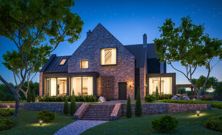 3d rendering of modern cozy clinker house on the ponds with garage and pool for sale or rent with beautiful landscaping on background. Clear summer night with many stars on the sky.の写真素材