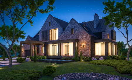 3d rendering of modern cozy clinker house on the ponds with garage and pool for sale or rent with beautiful landscaping on background. Clear summer night with many stars on the sky.の写真素材
