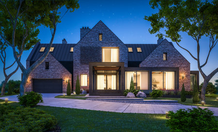 3d rendering of modern cozy clinker house on the ponds with garage and pool for sale or rent with beautiful landscaping on background. Clear summer night with many stars on the sky.の写真素材
