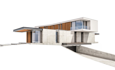 3d rendering of modern cozy house on the hill with garage and pool for sale or rent. Isolated on whiteの写真素材