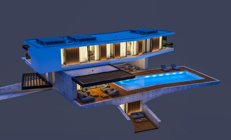 3d rendering of modern cozy house on the hill with garage and pool for sale or renting night with cozy light from window. Isolated on grayの写真素材