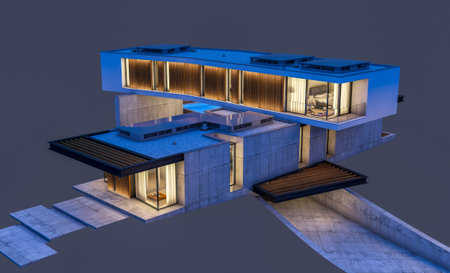 3d rendering of modern cozy house on the hill with garage and pool for sale or renting night with cozy light from window. Isolated on grayの写真素材