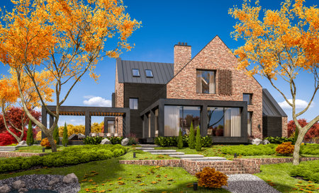 3d rendering of modern cozy clinker house on the ponds with garage and pool for sale or rent with beautiful landscaping on background. Clear sunny autumn day with golden leafs anywhere.の写真素材