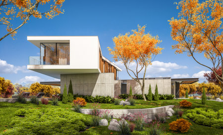 3d rendering of modern cozy house on the hill with garage and pool for sale or rent with beautiful landscaping on background. Clear sunny autumn day with golden leafs anywhereの写真素材