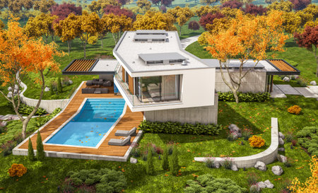 3d rendering of modern cozy house on the hill with garage and pool for sale or rent with beautiful landscaping on background. Clear sunny autumn day with golden leafs anywhereの写真素材