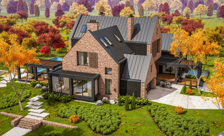 3d rendering of modern cozy clinker house on the ponds with garage and pool for sale or rent with beautiful landscaping on background. Clear sunny autumn day with golden leafs anywhere.の写真素材
