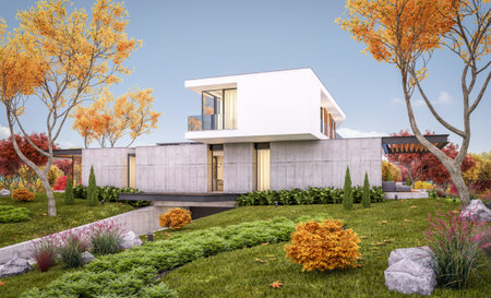 3d rendering of modern cozy house on the hill with garage and pool for sale or rent with beautiful landscaping on background. Soft autumn evening with golden leafs anywhereの写真素材