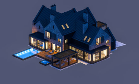 3d rendering of modern cozy clinker house on the ponds with garage and pool for sale or rent in night with cozy light from window. Isolated on grayの写真素材