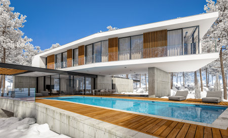3d rendering of modern cozy house on the hill with garage and pool for sale or rent with beautiful landscaping on background. Cool winter day with shiny white snow.の写真素材