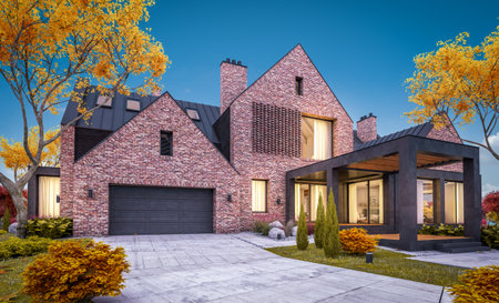 3d rendering of modern cozy clinker house on the ponds with garage and pool for sale or rent with beautiful landscaping on background. Soft autumn evening with golden leafs anywhere.の写真素材
