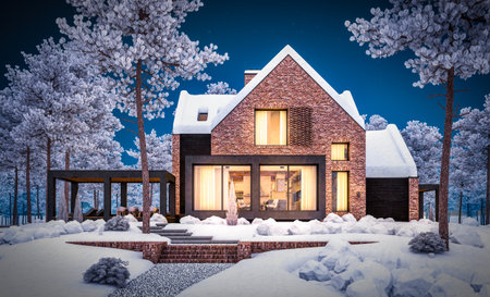 3d rendering of modern cozy clinker house on the ponds with garage and pool for sale or rent with beautiful landscaping on background. Cool winter night with warm cozy light inside.の写真素材