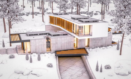 3d rendering of modern cozy house on the hill with garage and pool for sale or rent with beautiful landscaping on background. Cool winter evening with cozy light inside.の写真素材