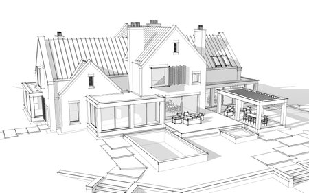 3d rendering of modern cozy clinker house on the ponds with garage and pool for sale or rent. Black line sketch with soft light shadows on white backgroundの写真素材
