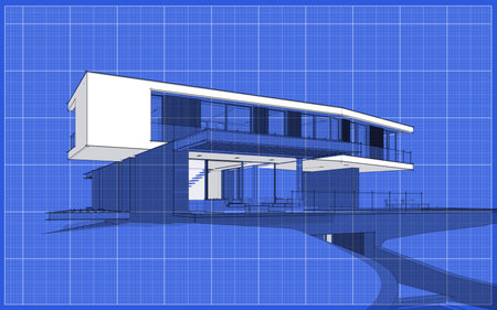 3d rendering of modern cozy house on the hill with garage and pool for sale or rent.  Black line sketch with soft light shadows and white spot on blueprint background.の写真素材