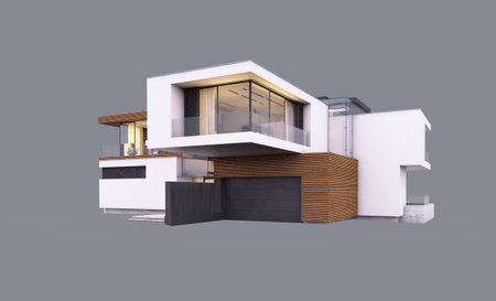 3d rendering of modern cozy house by the river with garage and pool for sale or rent in evening with cozy light from window. Isolated on grayの写真素材