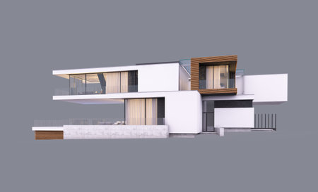 3d rendering of modern cozy house by the river with garage and pool for sale or rent in evening with cozy light from window. Isolated on grayの写真素材